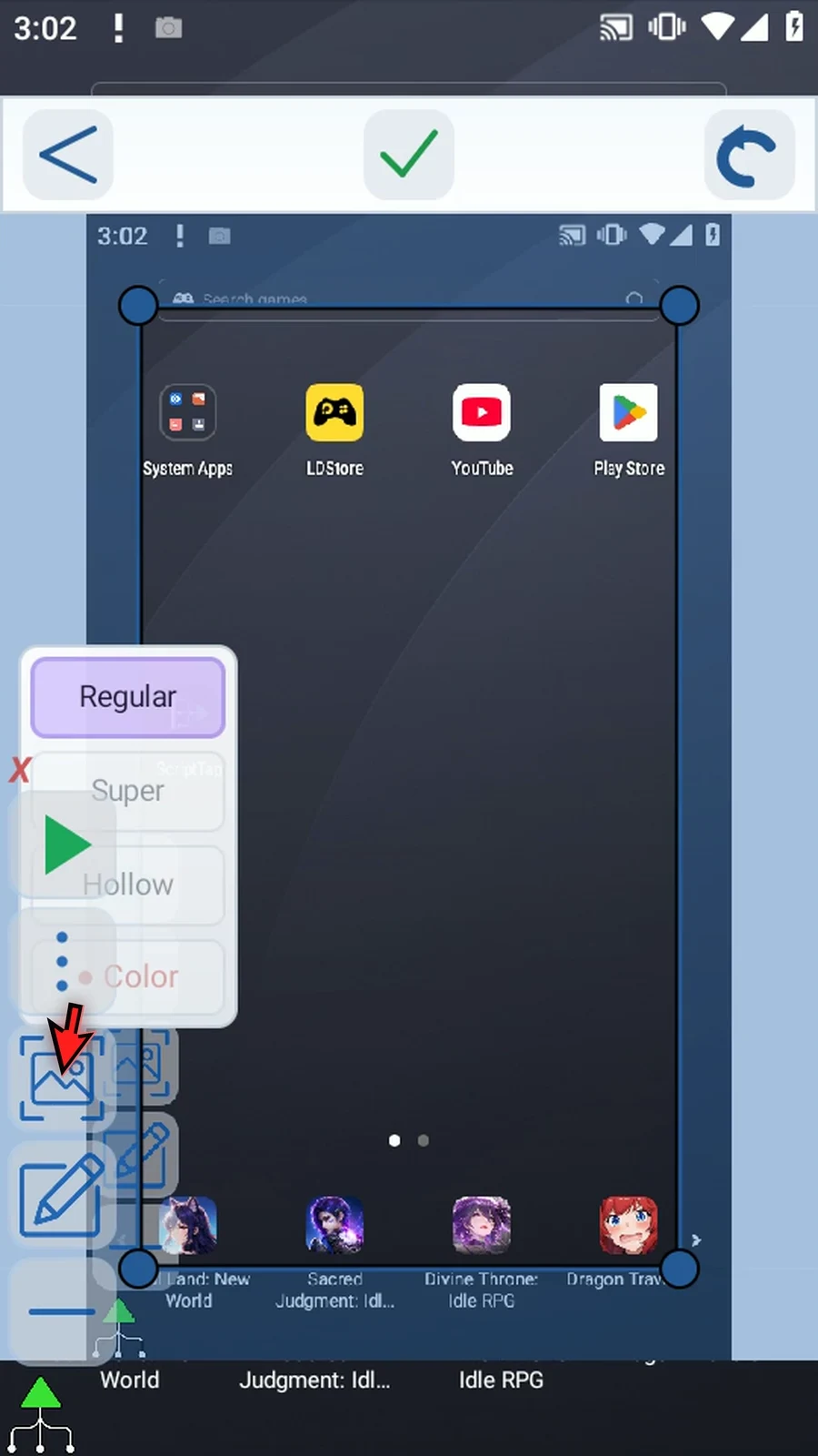 Asset Creation step 6: Tap Screenshot in the main overlay, then immediately tap the Crop icon that appears. If Android asks, allow screen capture. This opens the captured screen directly in the crop interface.