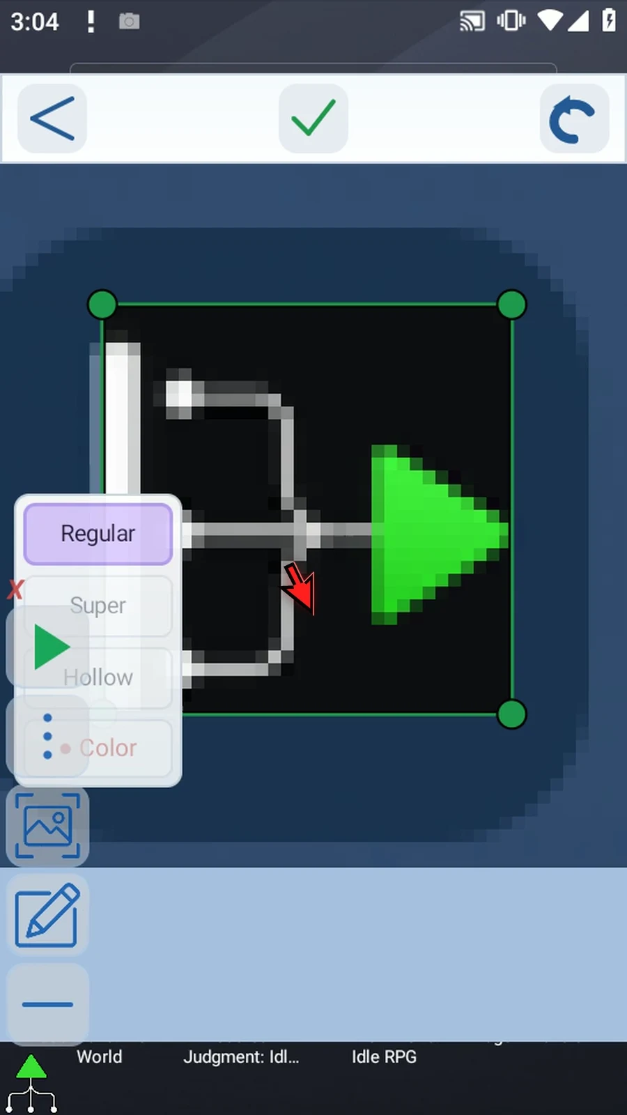 Asset Creation step 8: Assets must be at least four by four pixels and no larger than thirty-two by thirty-two. If the first crop is larger, tap the check mark and follow Crop Again to refine it in an enlarged view.