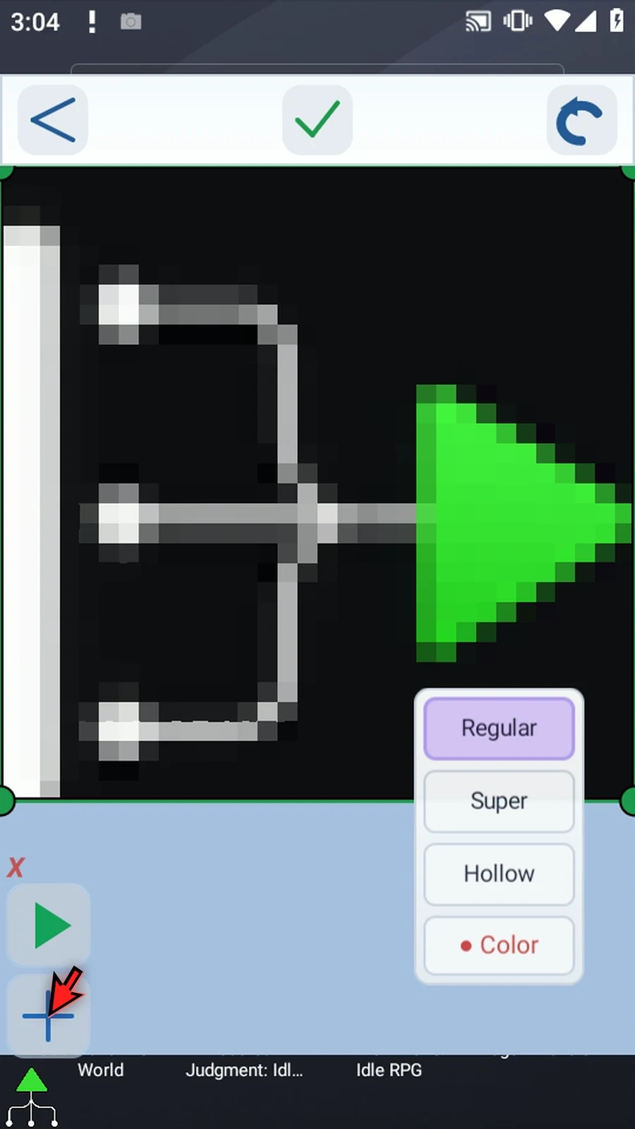 Asset Creation step 9: Tap the check mark, then Crop More. This applies the rectangular crop. Super, Hollow, and Color Crop are unavailable until the initial crop has been reduced to thirty-two by thirty-two pixels or smaller.
