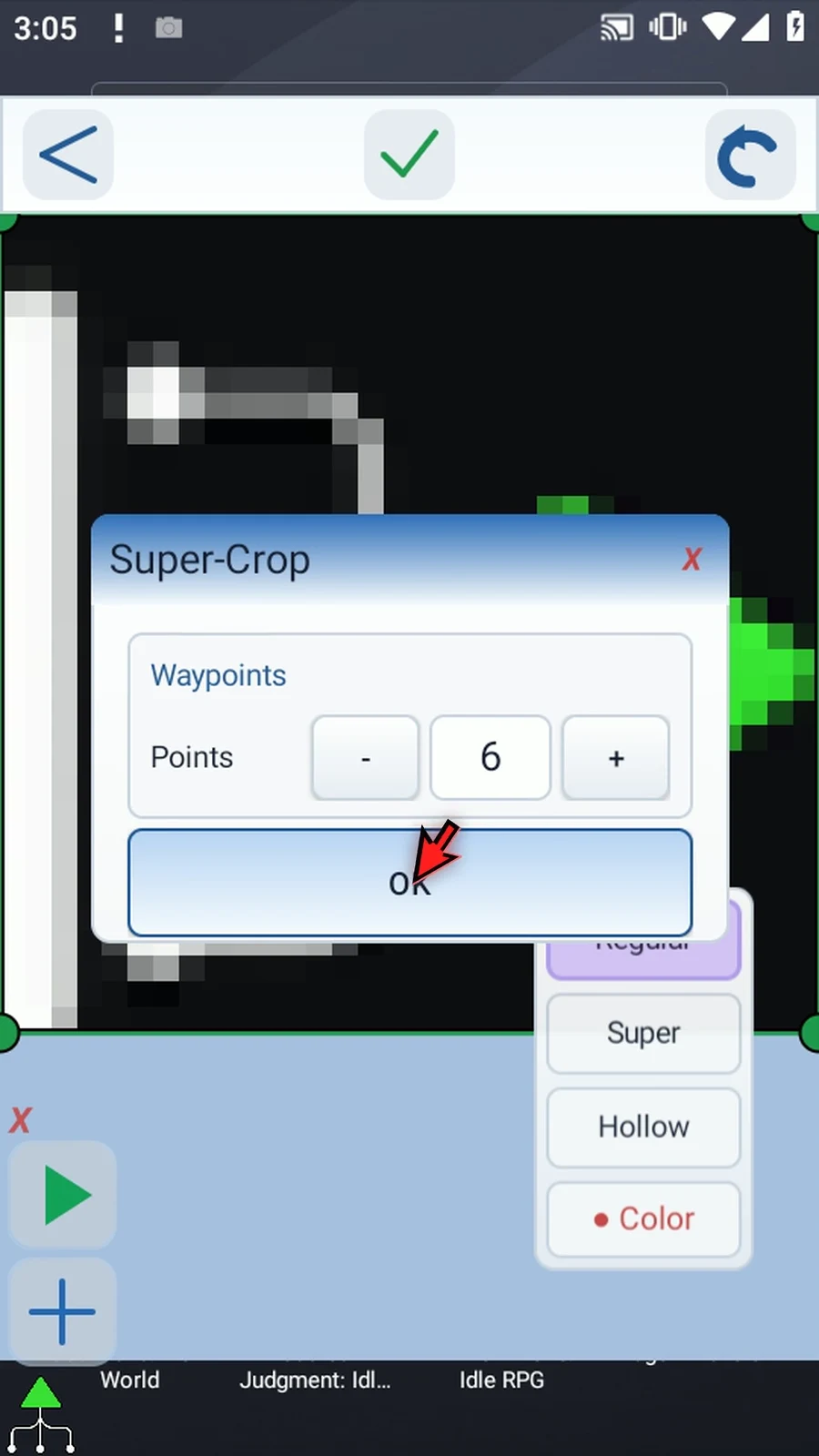 Asset Creation step 10: Super Crop creates a custom shape instead of a rectangle. Choose between three and sixteen waypoints. We will use six to outline an irregular part of the icon.