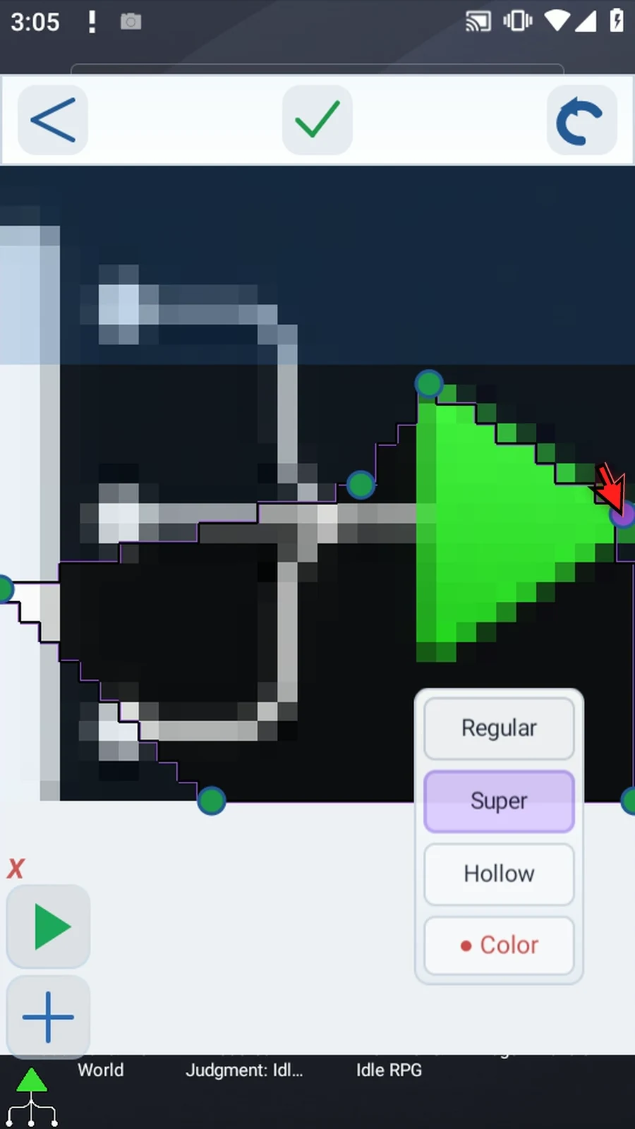 Asset Creation step 11: Drag the first three points around the upper edge and the arrow tip. The outline follows the points, and the preview shows which pixels will be kept.