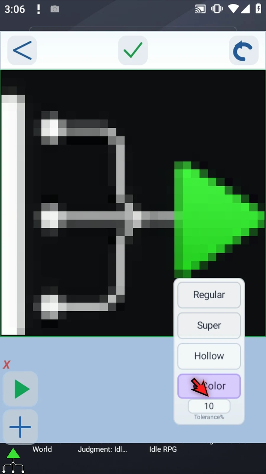 Asset Creation step 14: Color Crop keeps only a selected color, within a tolerance you define. We are demonstrating it before Hollow Crop so the green, white, and black parts are still available for comparison.