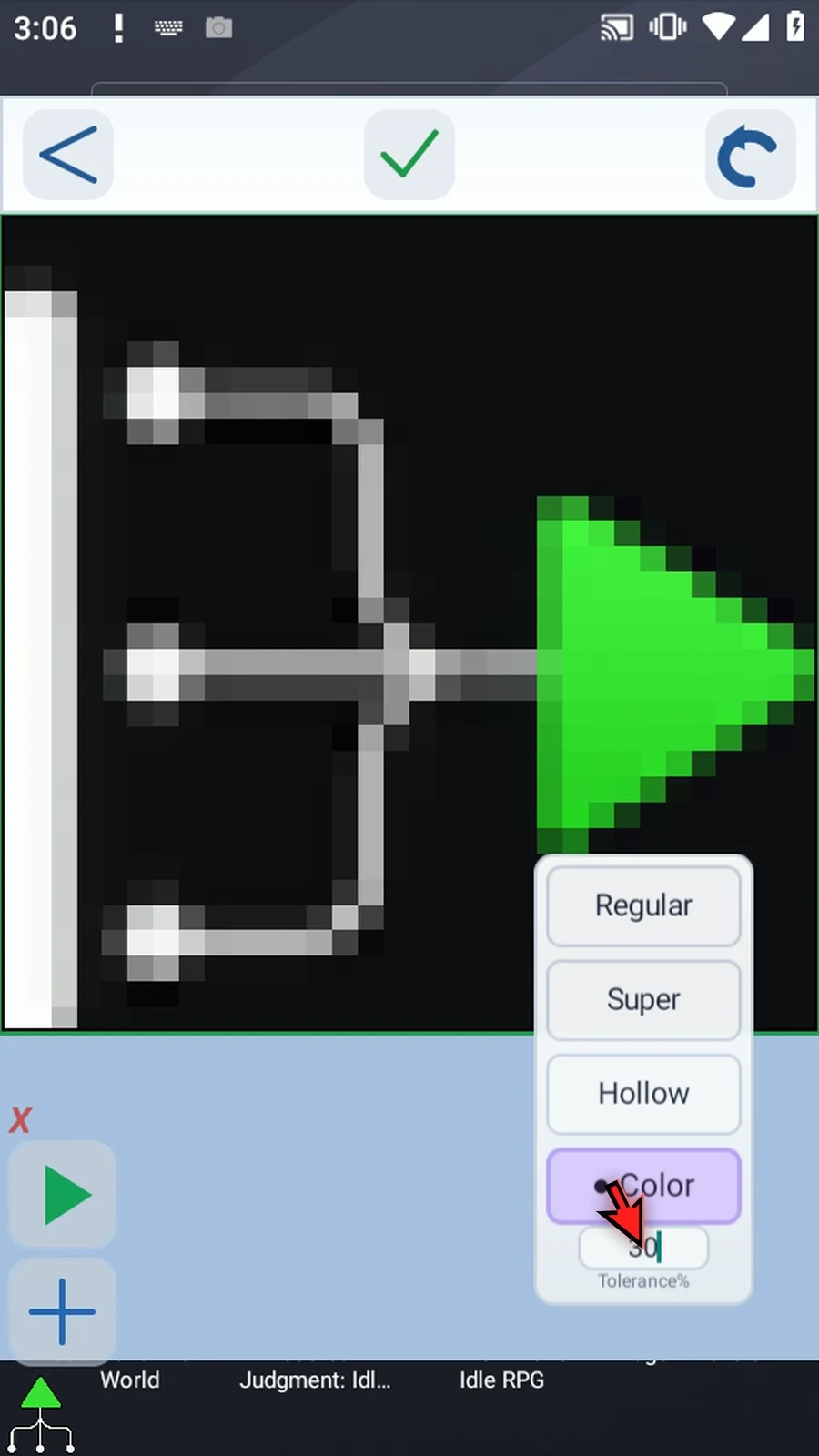 Asset Creation step 15: Set Tolerance to thirty first. This allows nearby color shades to be included when we select a color.