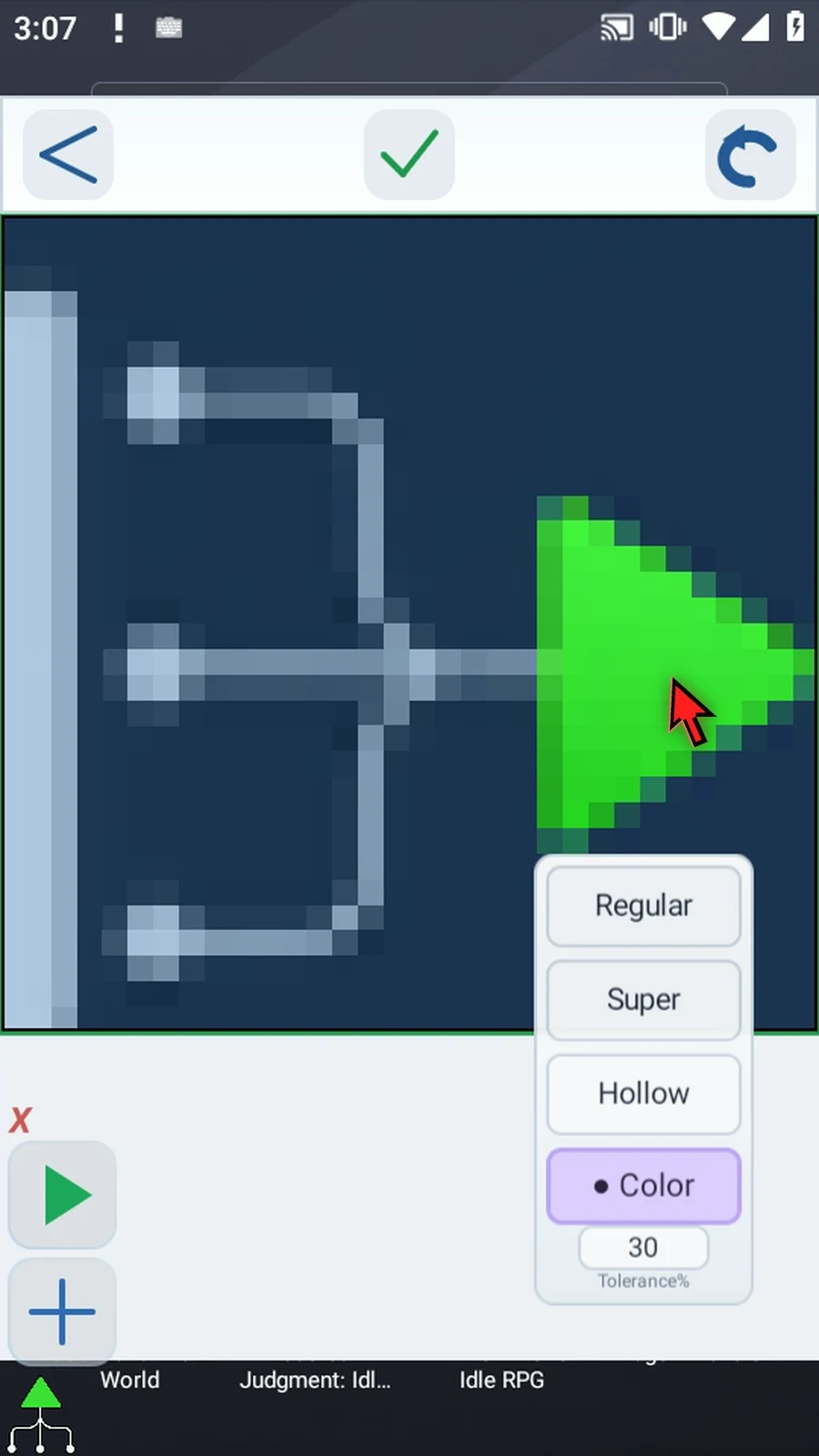 Asset Creation step 16: Now tap a green pixel. The green shades are kept, while the white and black parts are excluded.
