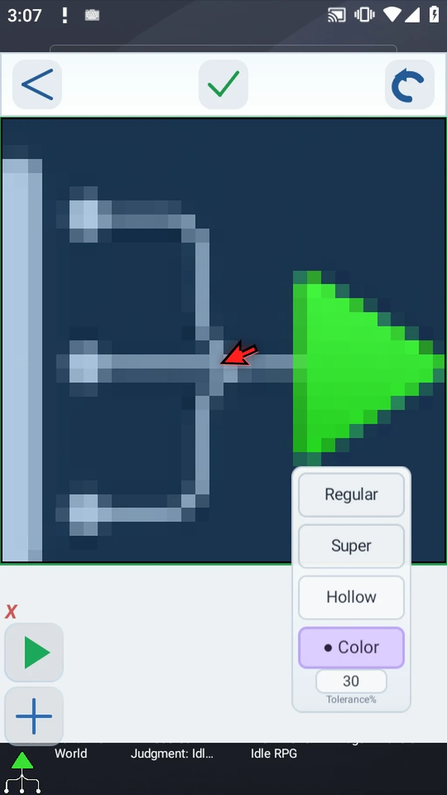 Asset Creation step 17: Color Crop checks the entire image, not just the area connected to the pixel you tapped. Separate, disconnected patches are also kept when their colors fall within the chosen tolerance.