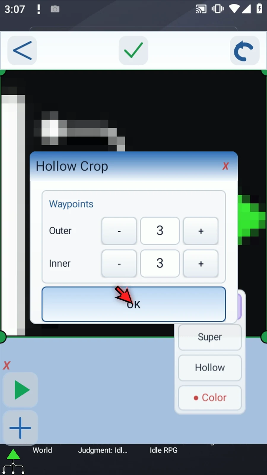 Asset Creation step 21: Hollow Crop creates a shape with a transparent middle. Set both Outer and Inner to three points, because the icon contains a triangle.