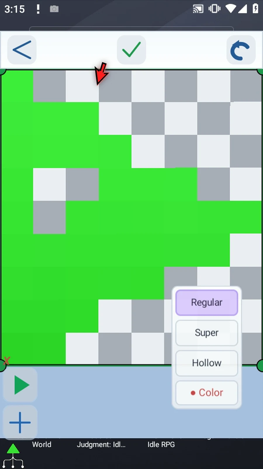Asset Creation step 25: Tap the check mark and choose Crop More to apply the hollow shape. The checkerboard shows transparency outside the shape and in its middle.