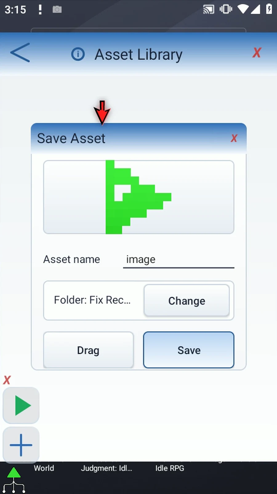 Asset Creation step 27: Tap the check mark again, then Save. The preview shows the asset that will be stored.