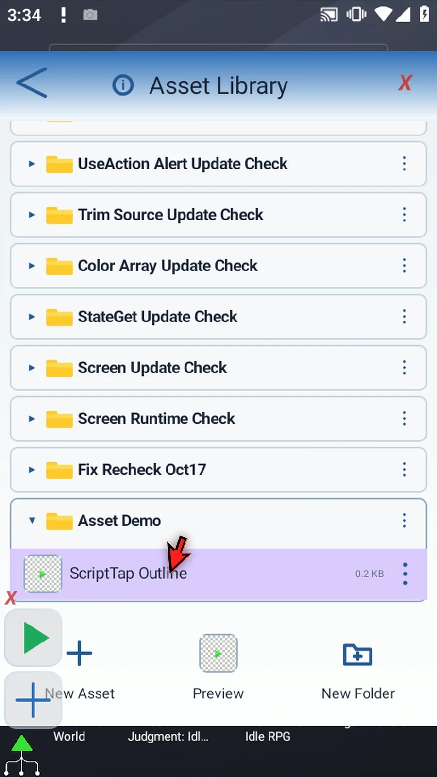 Asset Creation step 31: Scroll to Asset Demo in the library, then select ScriptTap Outline. Its thumbnail shows the transparent background.