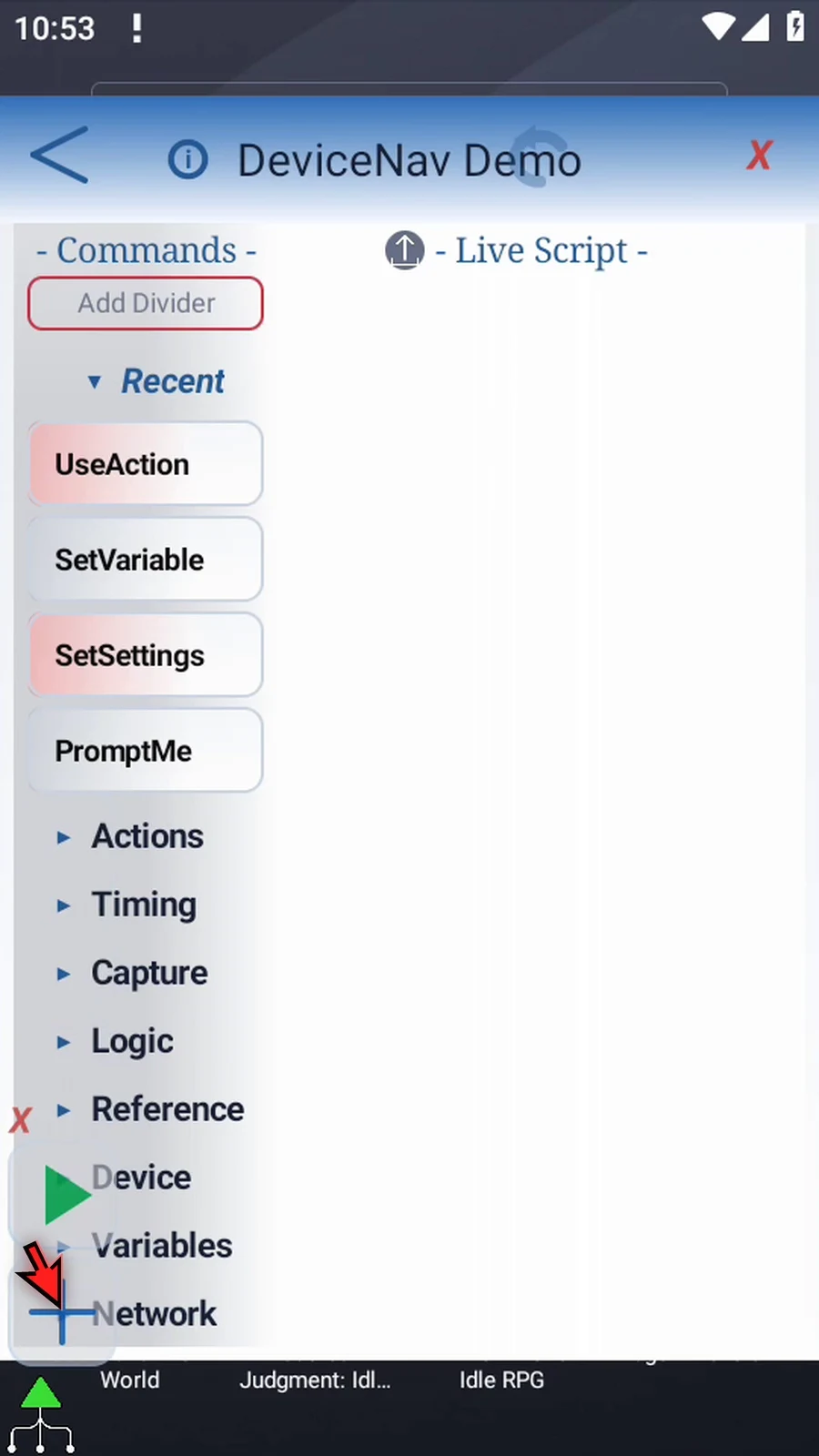 UseAction: DeviceNav step 4: Open the script editor and collapse the main overlay with the minus button.