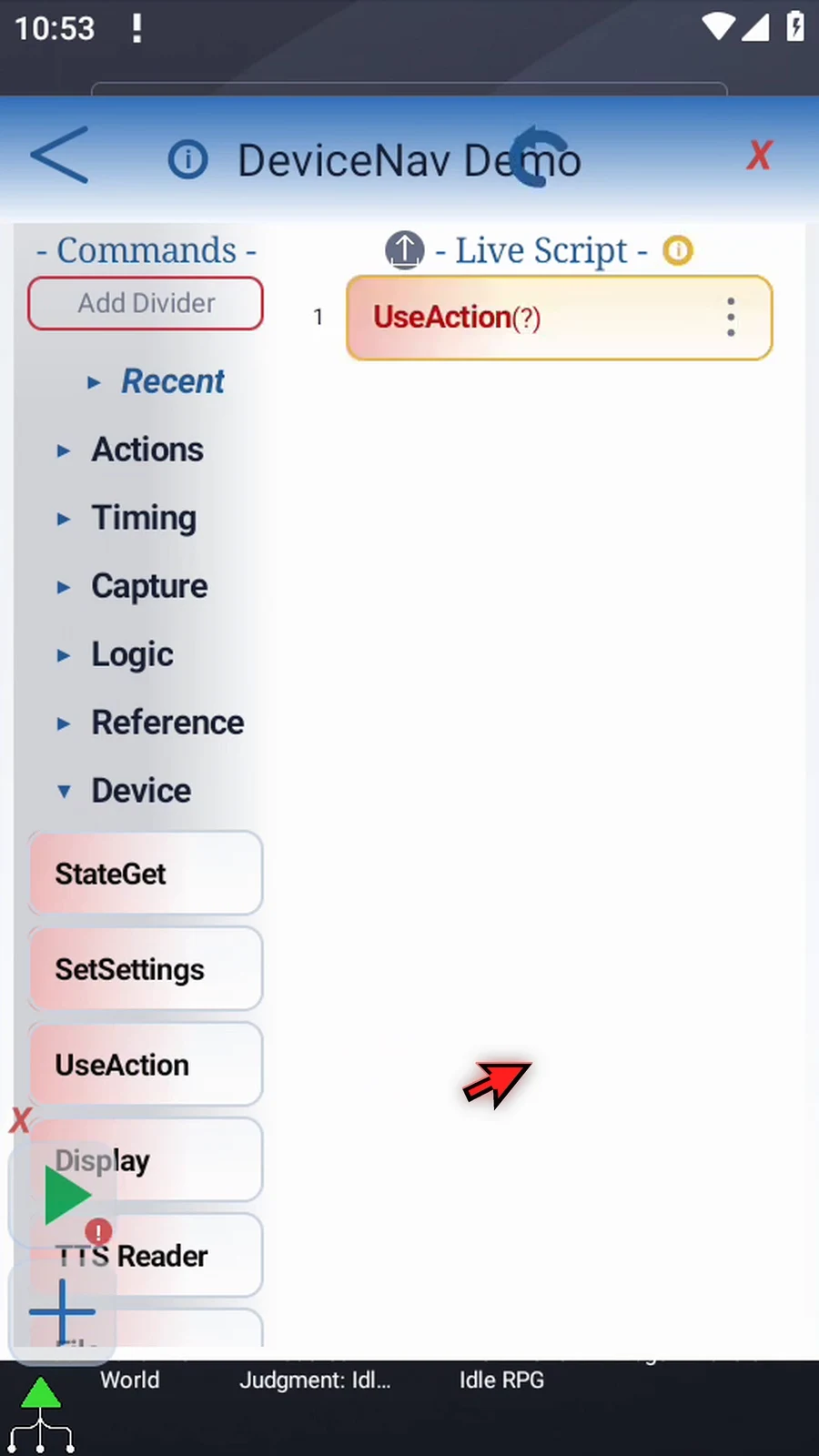 UseAction: DeviceNav step 6: Drag UseAction from the palette into the script.