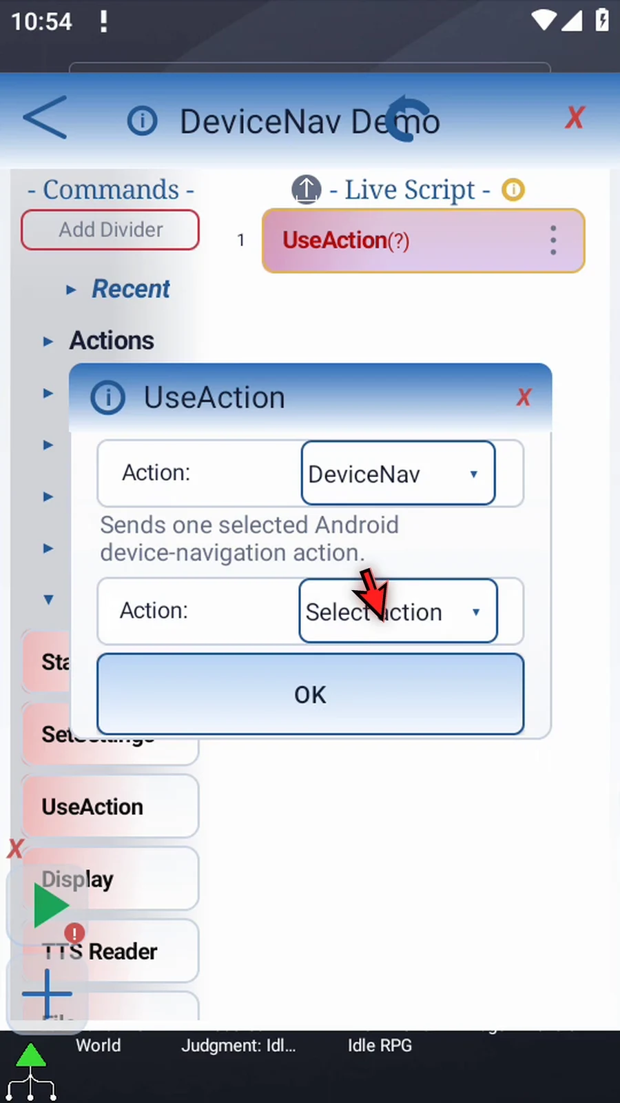 UseAction: DeviceNav step 7: Open the command, open Action, and choose Device Nav.