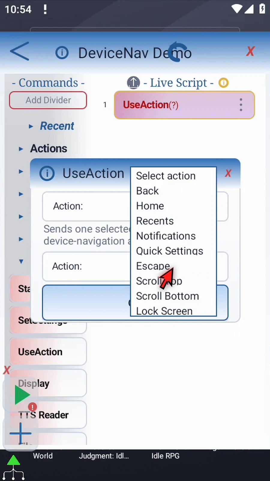 UseAction: DeviceNav step 8: Use the second Action dropdown to choose the navigation operation.