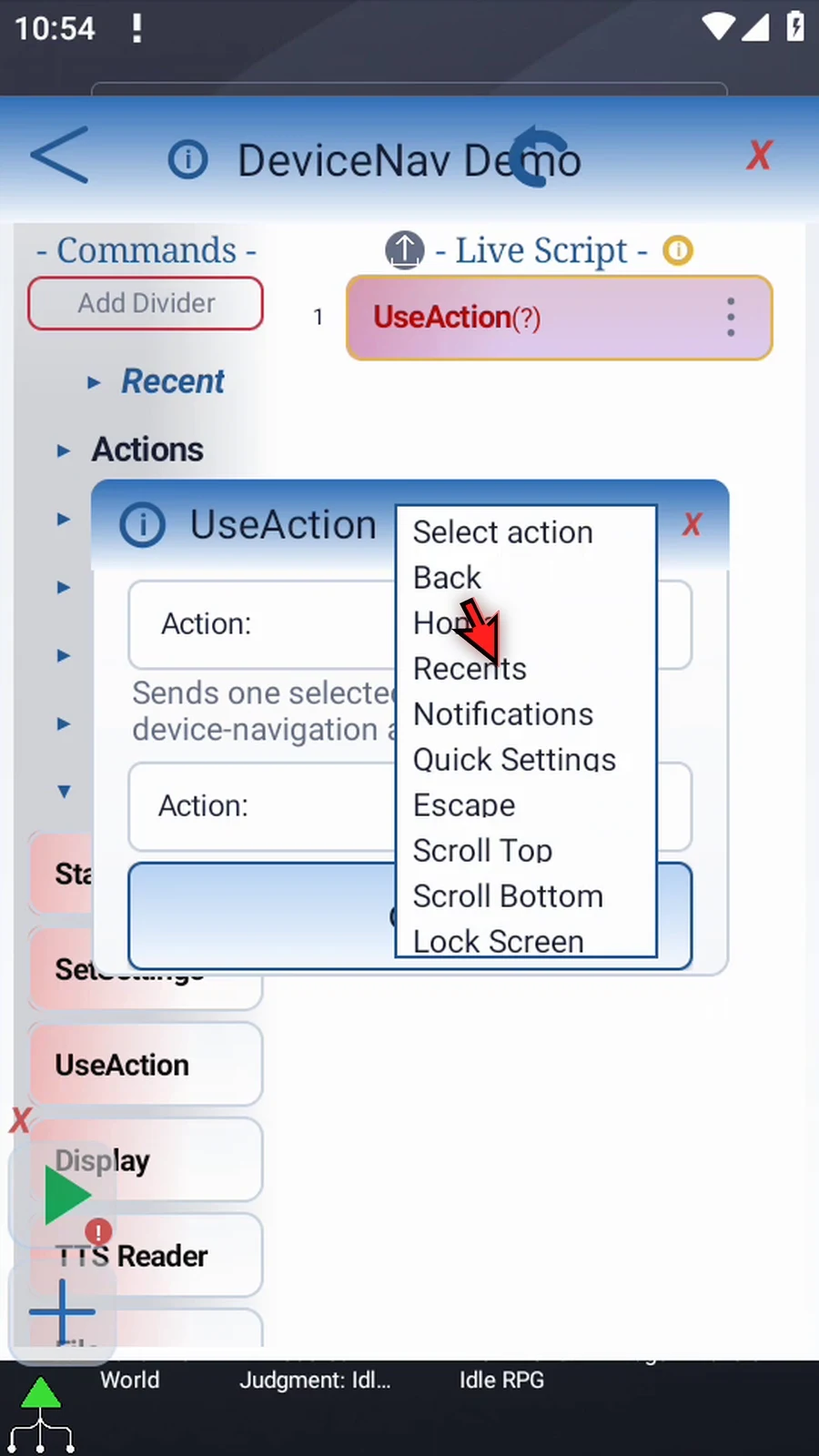 UseAction: DeviceNav step 9: Back returns through the current app's navigation history. Home opens the Android home screen. Recents opens the recent-apps overview.