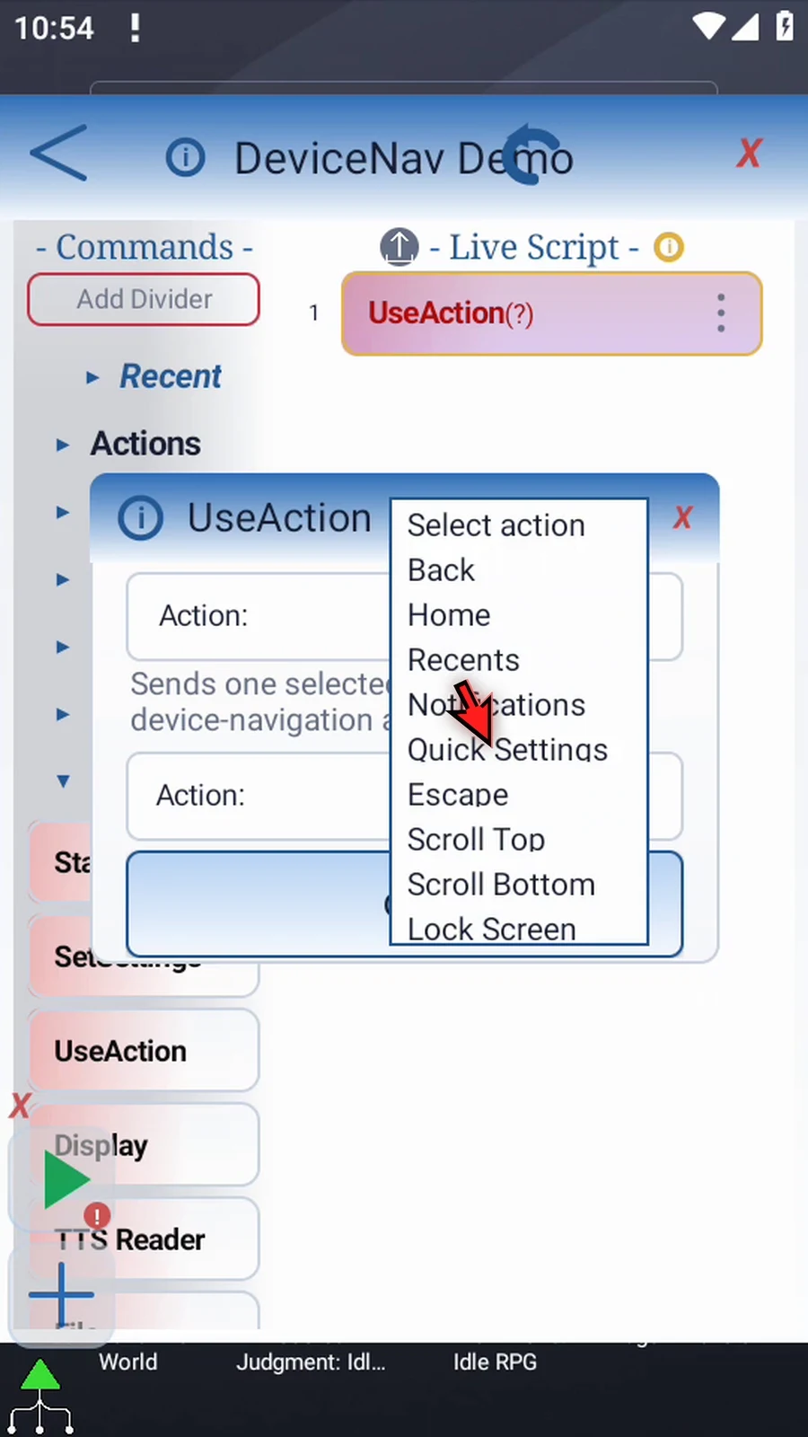UseAction: DeviceNav step 10: Notifications opens the notification panel. Quick Settings opens Android's quick-settings panel. These actions open the panels; they do not change their settings.