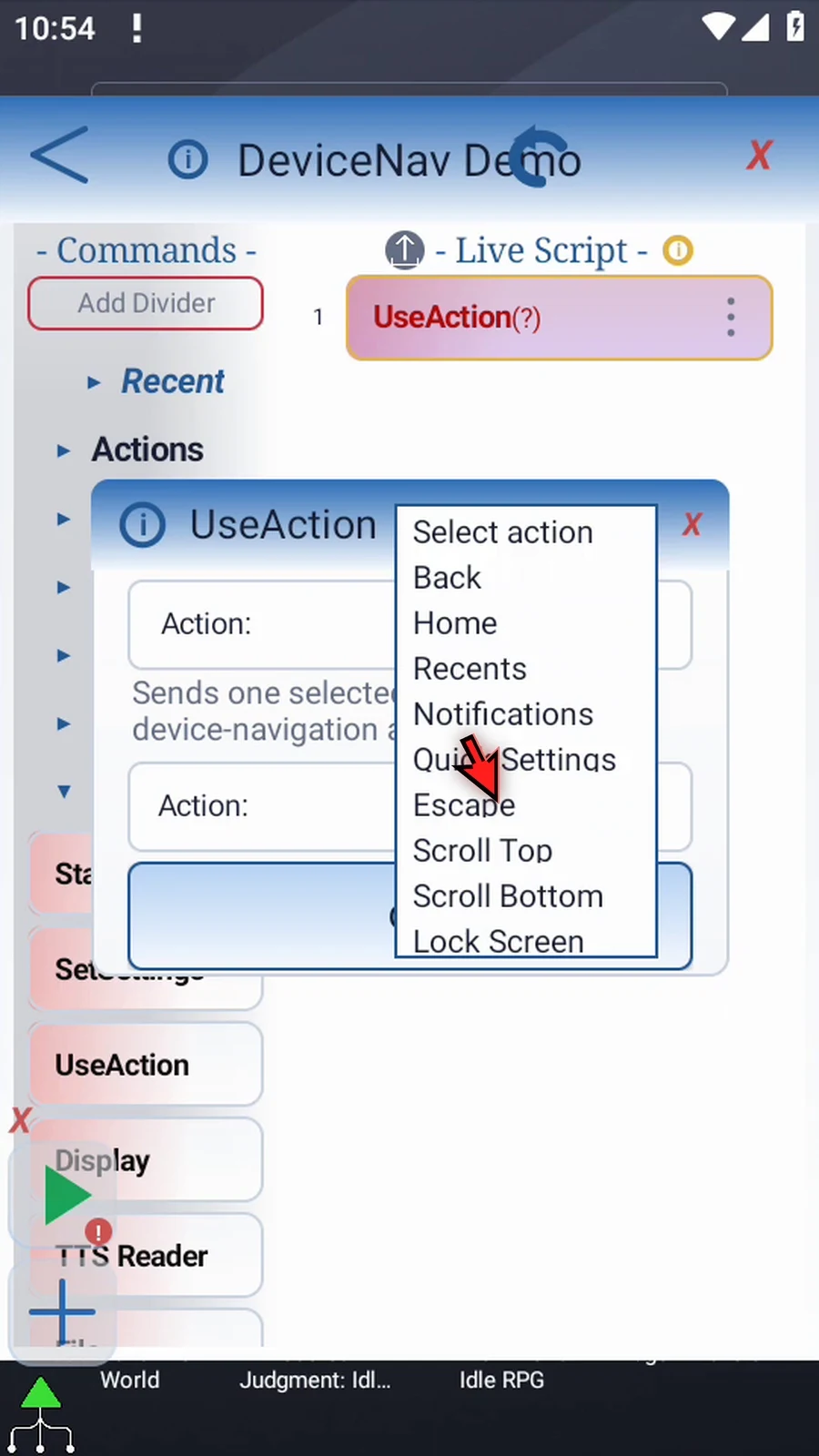 UseAction: DeviceNav step 11: Escape uses Android's Back action too. It is not an Enter or Search key command.