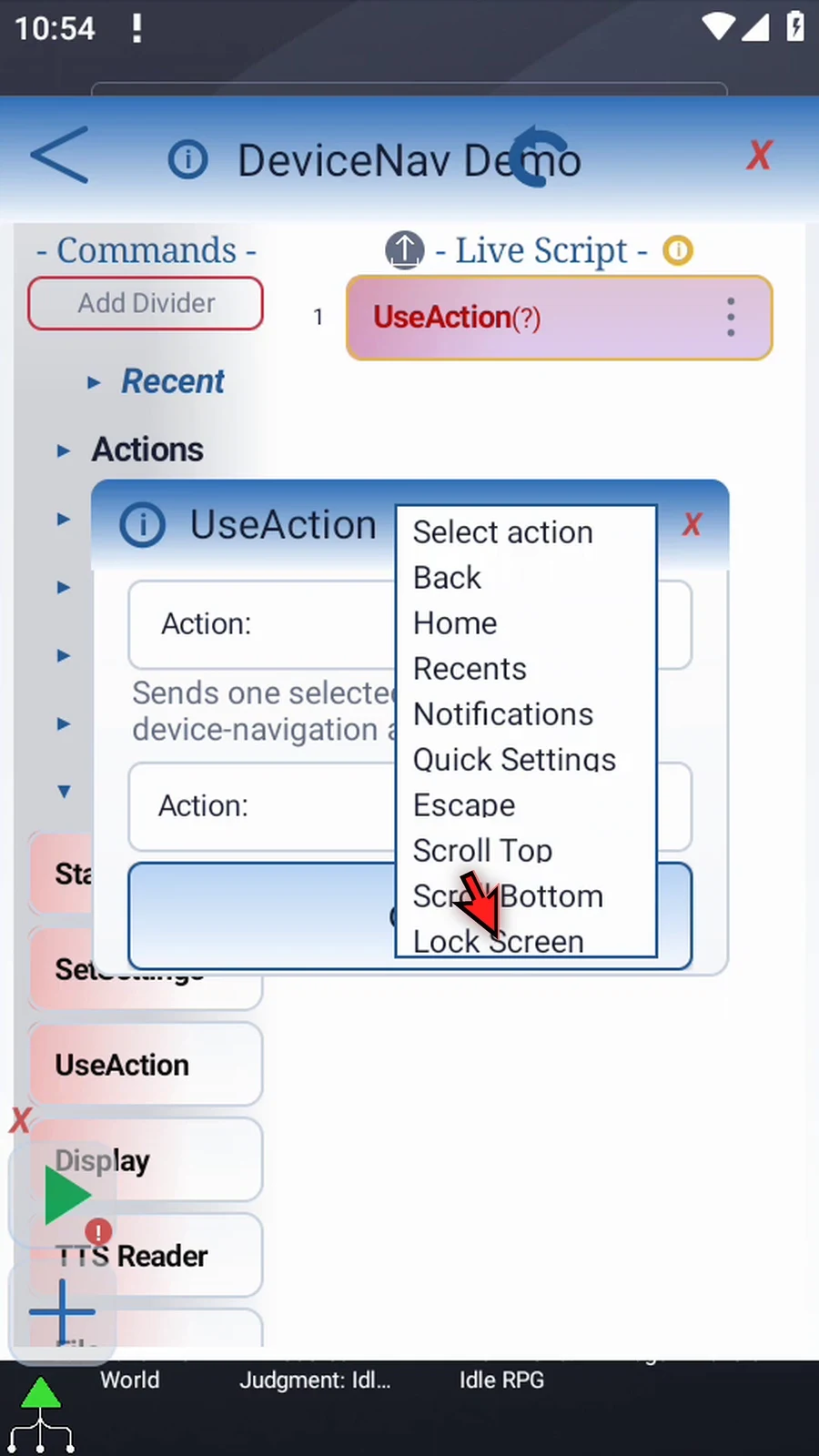 UseAction: DeviceNav step 13: Lock Screen requests Android's system lock action and requires Android nine or later. It does not unlock the device, bypass security, or wake it again.